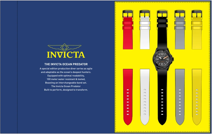 Мужские часы Invicta Ocean Predator - 43mm, Yellow, Red, White, Grey, Black with Interchangeable Strap (50662), цвет: Жёлтый / Красный — фото 2
